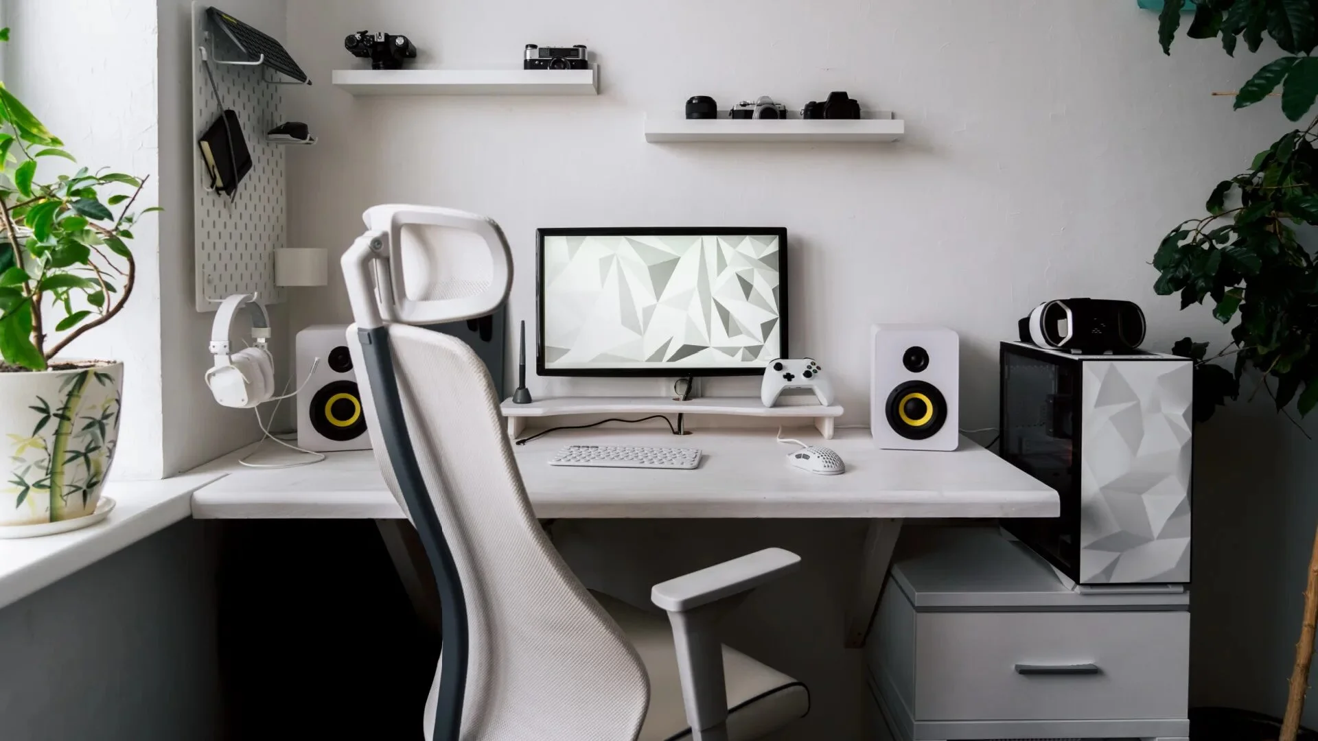 A modern office workspace with computers.