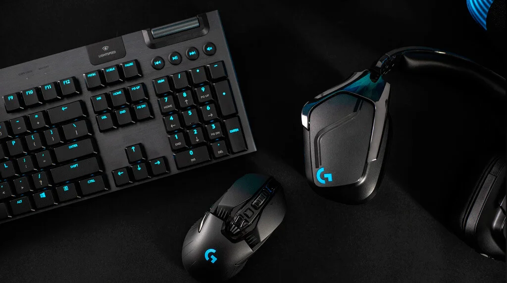 A wide view of various computer peripherals arranged neatly.