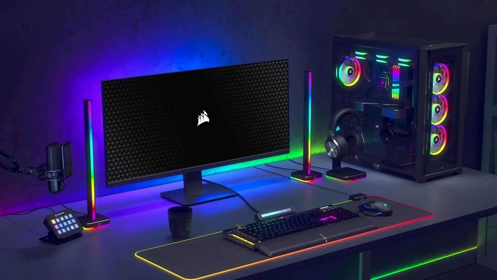 A stylish gaming setup with glowing peripherals.